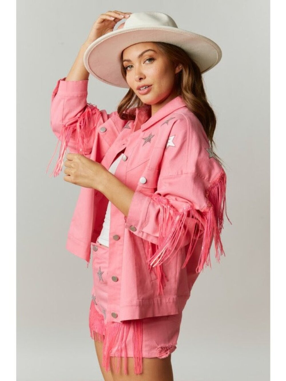 Western Diva Star Sequin Patch Fringe Jacket in Pink - Picture 6 of 9
